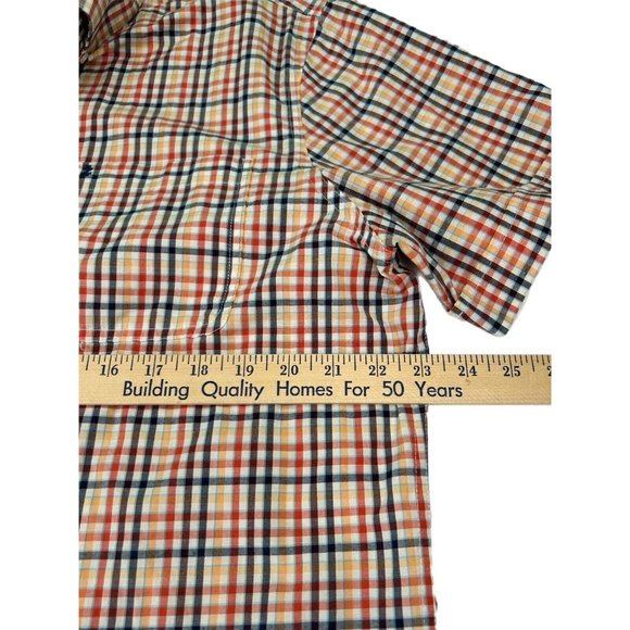Izod Shirt Mens Large Button Up Plaid Orange Red Blue Short Sleeve Pocket - Picture 6 of 7